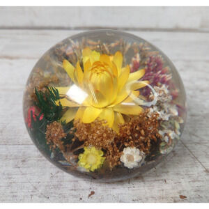 Vintage MCM Tarax Infinity Dried Flower Lucite Plastic Paperweight Yellow 3"